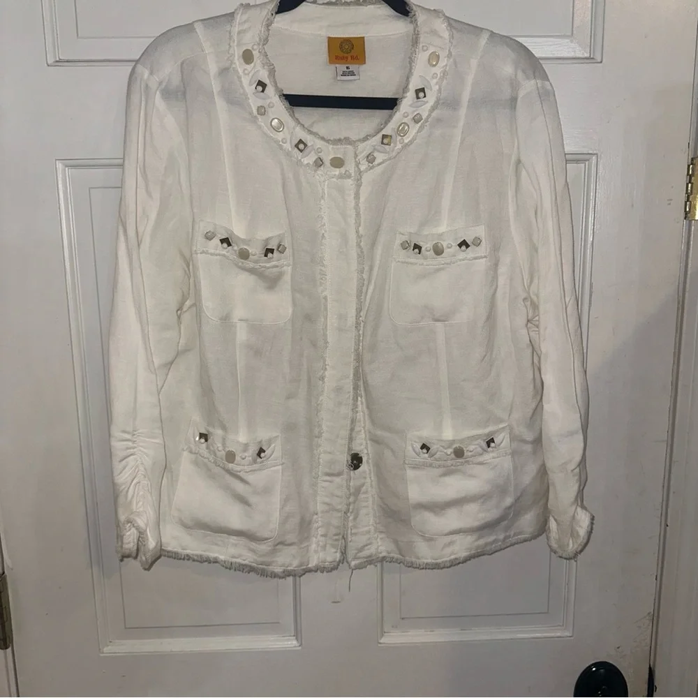 Ruby Rd. Embellished Linen Blend Jacket Women’s 16 White Beige Boho Chic Casual - Picture 5 of 7